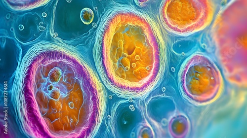 Close-up view of stem cells, vibrant colors, intricate details, under microscope