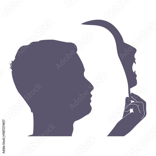 Human face side view silhouette. Schizophrenia and split personality disorder and mental health psychiatric disease concept. Mental health. Man holding face mask