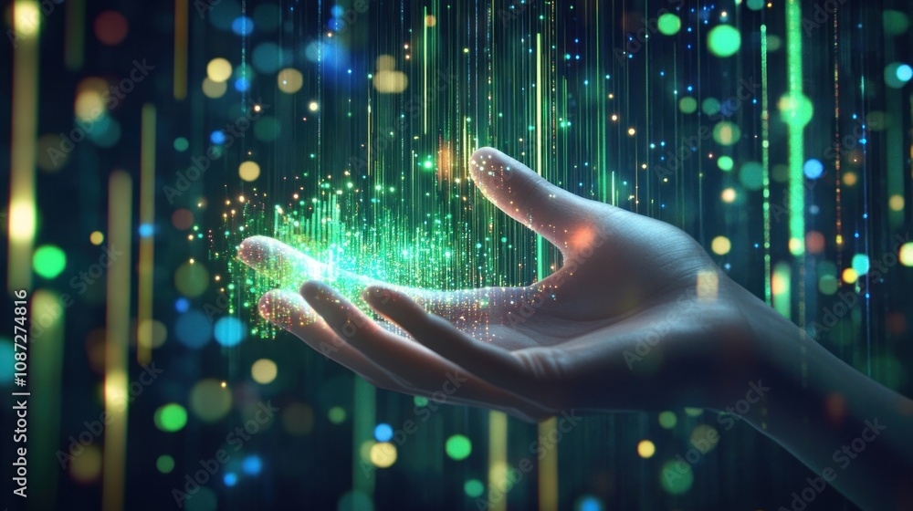 A hand releasing vibrant, colorful particles against a dark background. A hand releasing vibrant, colorful particles against a dark background.