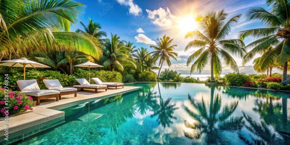 Fototapeta premium A serene poolside escape with lush palm trees swaying in the gentle breeze, casting reflections on the shimmering blue water, inviting relaxation and tranquility.