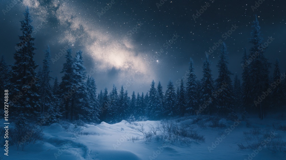 The night sky over a winter forest, with stars and the Milky Way galaxy casting a soft glow on the snow-covered ground. The night sky over a winter forest, with stars and the Milky Way galaxy casting a soft glow on the snow-covered ground.