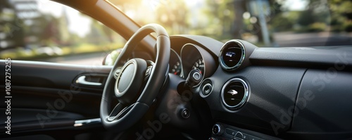 Modern car interior with elegant dashboard display setup. photo