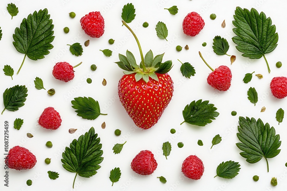 Fresh strawberries and raspberries arranged artistically with green leaves. Fresh strawberries and raspberries arranged artistically with green leaves.