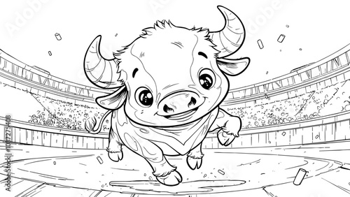 Merry Bull at Bullfighting Stadium Cartoon Character Coloring Page for Kids Fun Activity Cheerful Illustration Arena Scene Drawing for Children Festive Art Page