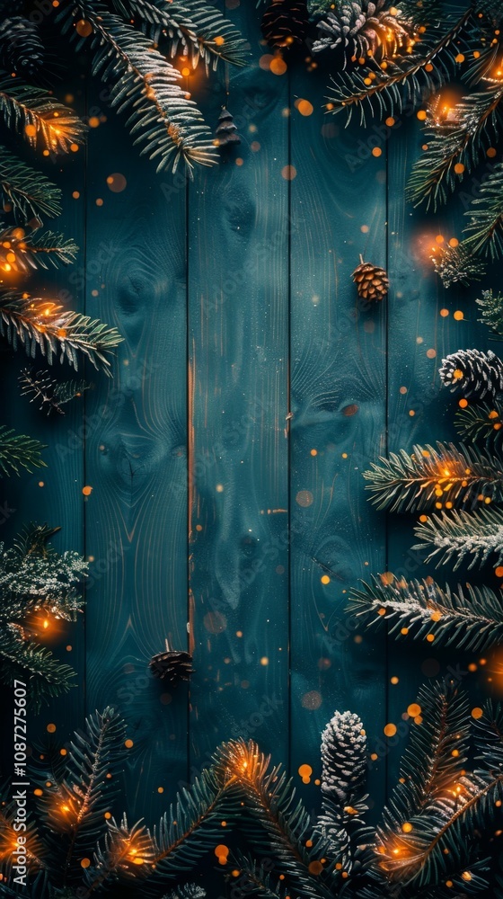 A blue background with a tree and pine cones on it. The pine cones are lit up with lights A blue background with a tree and pine cones on it. The pine cones are lit up with lights