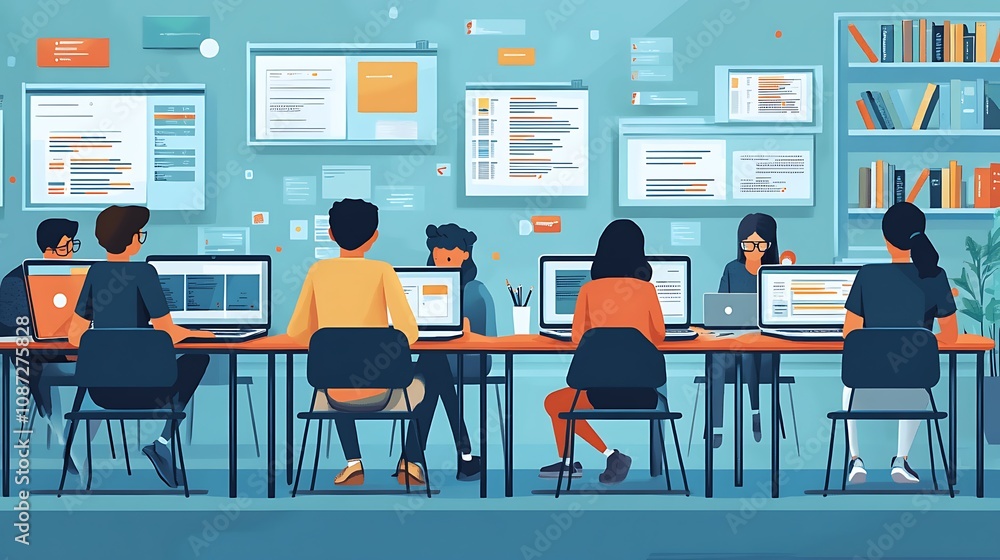 Team collaboration in a modern office space remote work environment Team collaboration in a modern office space remote work environment