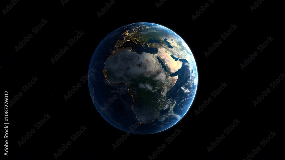 Stunning view of Earth from space, showcasing the continents and city lights against the dark expanse. Stunning view of Earth from space, showcasing the continents and city lights against the dark expanse.