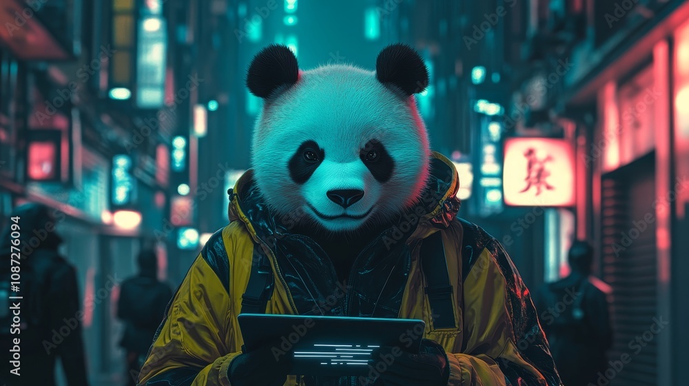Futuristic humanoid panda using AI tablet in urban setting portrait Futuristic humanoid panda using AI tablet in urban setting portrait