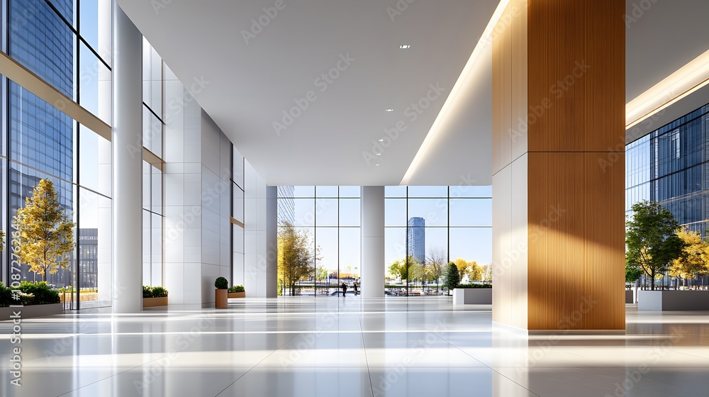 Fototapeta premium Business lounge with high ceilings, reflective tiles, and light streaming through large windows