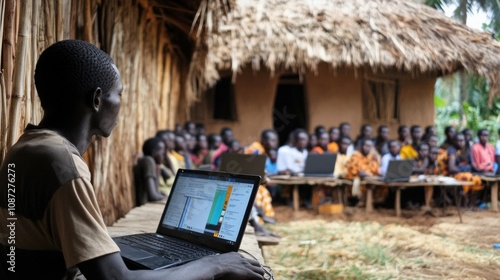 A group of villagers gathers to learn fundamental programming skills using laptops, guided by volunteers in an outdoor setting.