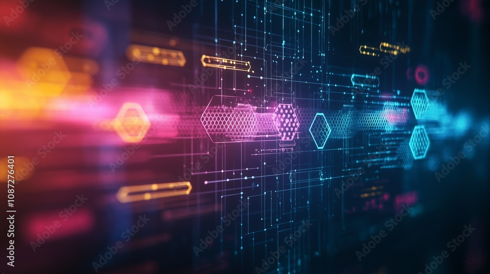Beautiful abstract tech background on the theme of modern technology development. Bright neon colors and neural lines in space Beautiful abstract tech background on the theme of modern technology development. Bright neon colors and neural lines in space