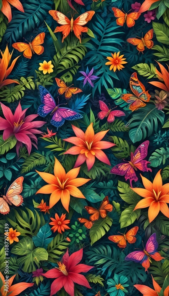 Tropical exotic pattern with animal and flowers in bright colors and lush vegetation Tropical exotic pattern with animal and flowers in bright colors and lush vegetation
