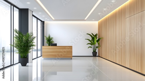 Modern office hallway with reflective tiles, ambient lighting, and sleek architectural design