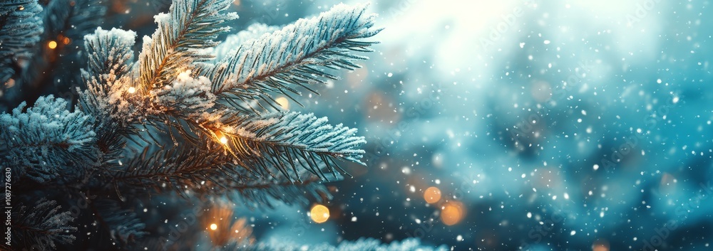 Christmas tree with white branches against a snowy background, adorned with falling snow, creating a serene winter holiday scene. Christmas tree with white branches against a snowy background, adorned with falling snow, creating a serene winter holiday scene.