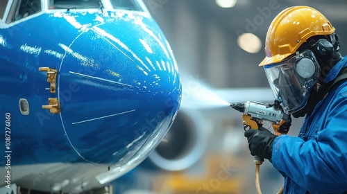 Painter Using Spray Gun on Aircraft Surface