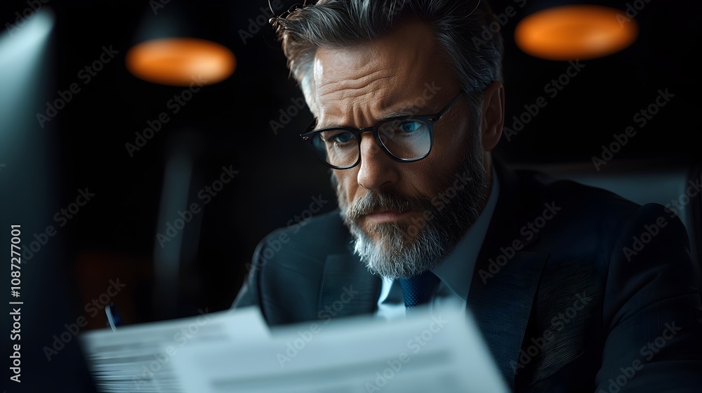 Mature Experienced Biotech Patent Attorney Seriously Reviewing and Analyzing Intellectual Property Documents and Paperwork while Sitting at Desk in Contemporary Cinematic Corporate Office Setting Mature Experienced Biotech Patent Attorney Seriously Reviewing and Analyzing Intellectual Property Documents and Paperwork while Sitting at Desk in Contemporary Cinematic Corporate Office Setting