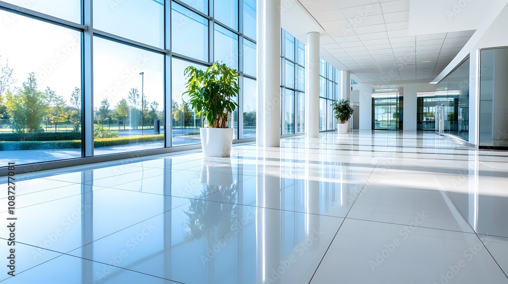 Light-filled business hall with smooth surfaces, glass walls, and reflective tiles Light-filled business hall with smooth surfaces, glass walls, and reflective tiles