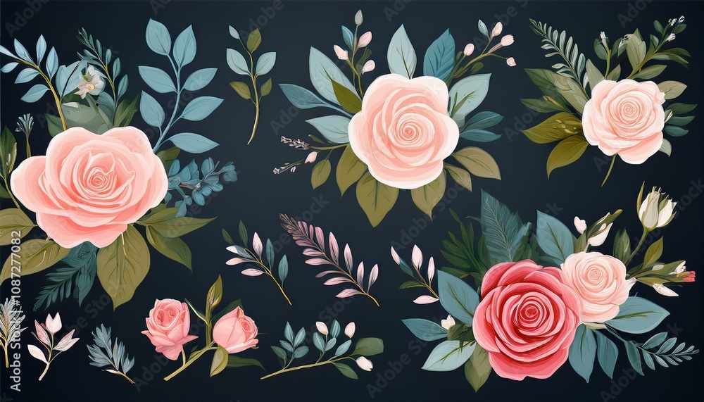 Fototapeta Beautiful romantic flower collection with roses, leaves, floral bouquets, flower compositions