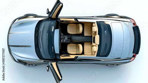 Sleek silver car with open doors, luxurious beige interior, and spacious trunk, captured in high angle top view.