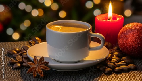 Cozy Christmas Coffee: A steaming cup of coffee sits beside a flickering candle and festive decorations, creating a warm and inviting atmosphere perfect for the holiday season. 