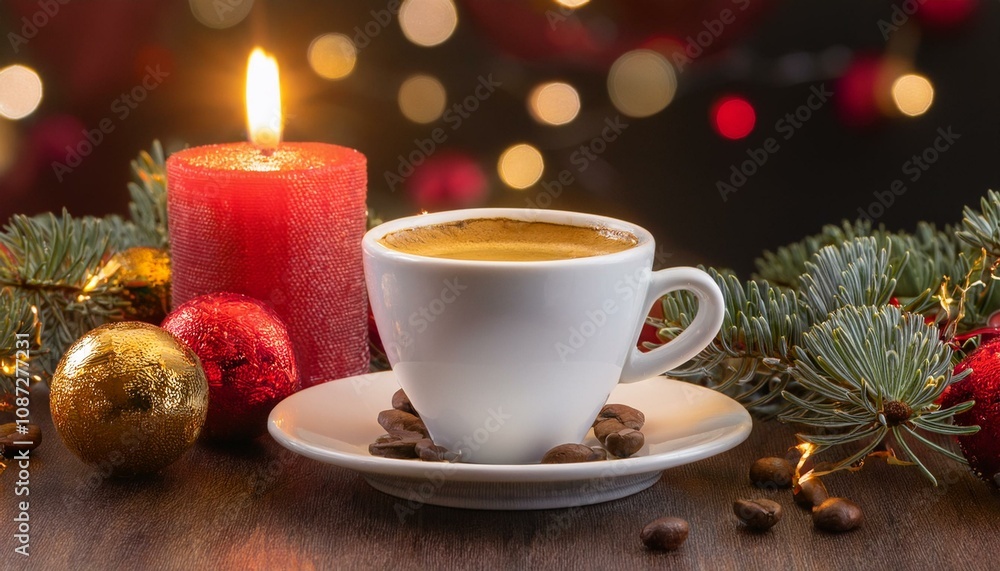 Cozy Christmas Coffee: A warm cup of espresso sits beside a red candle and festive ornaments, creating a heartwarming holiday scene. Perfect for greeting cards or winter blogs. Cozy Christmas Coffee: A warm cup of espresso sits beside a red candle and festive ornaments, creating a heartwarming holiday scene. Perfect for greeting cards or winter blogs.