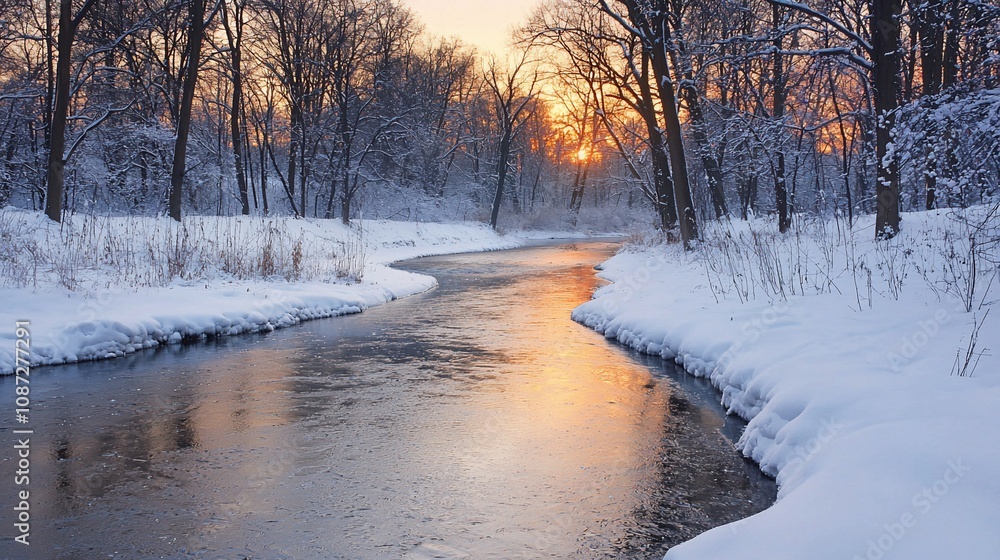 Naklejka premium Serene Winter Sunset by the Frozen River