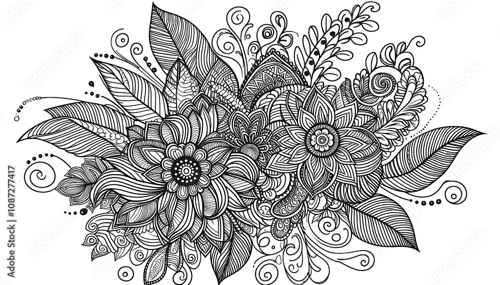 Fototapeta premium Intricate Black and White Floral Illustration with Lilies and Roses. generator AI