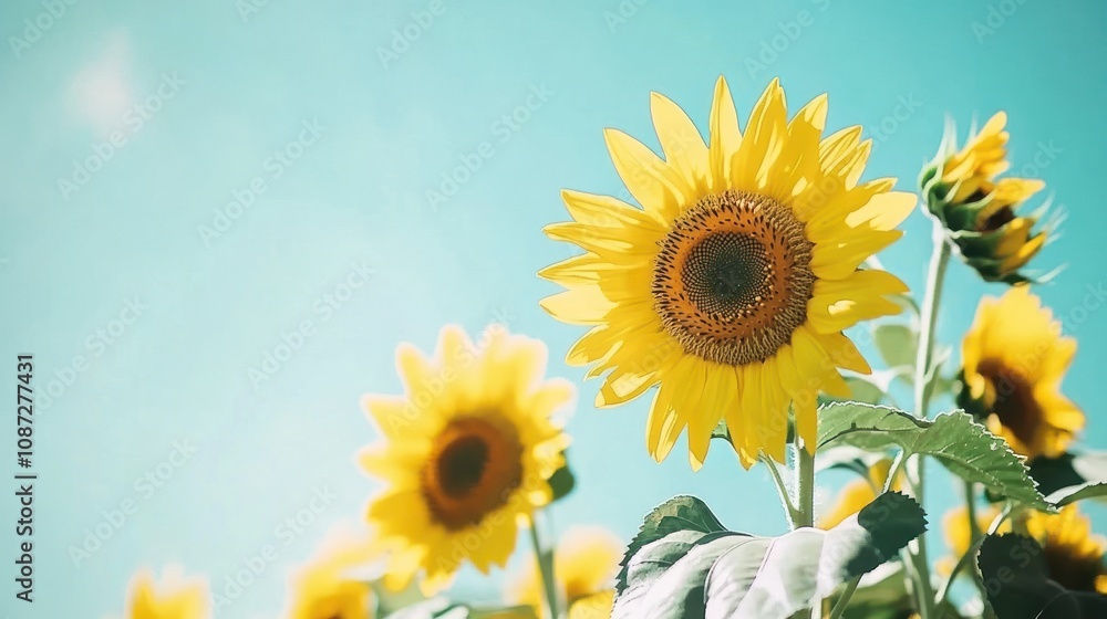 Obraz premium Bright sunflowers basking in sunlight against a blue sky.