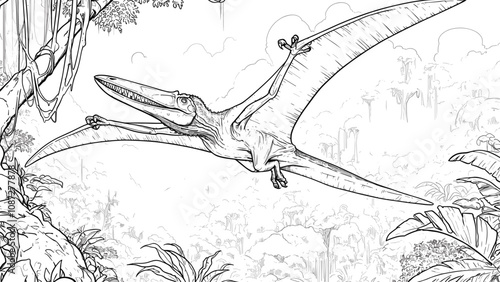 Pterodactyl Flying Over Forest Coloring Page for Adults Detailed Illustration Majestic Forest Scene Intricate Design Relaxing Art Activity for Adults Prehistoric Creature Art Page