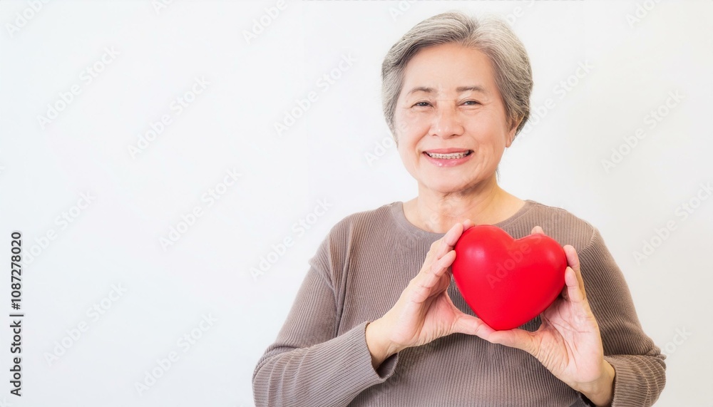 Radiant Senior Woman Holding Red Heart: A heartwarming image of a mature woman with a radiant smile holding a red heart, symbolizing love, care, and well-being. Radiant Senior Woman Holding Red Heart: A heartwarming image of a mature woman with a radiant smile holding a red heart, symbolizing love, care, and well-being.