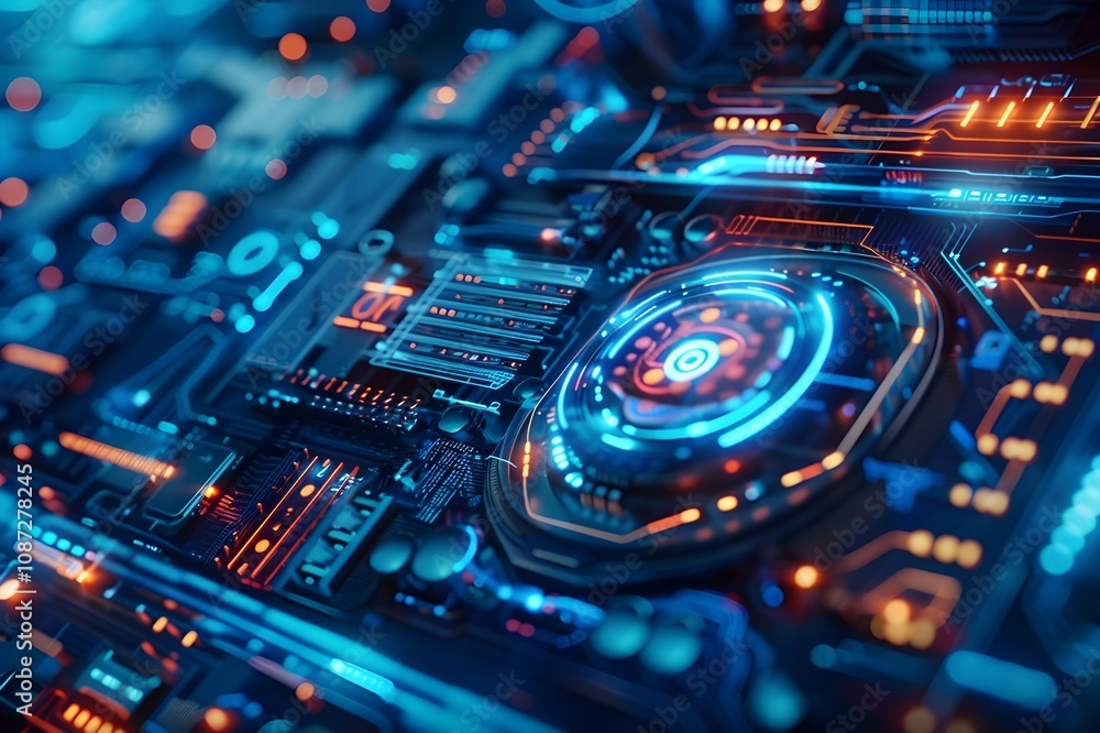 Abstract representation of technology communication on a wide blue background, featuring diverse technological elements. Rendered in high-definition to emphasize realistic details. Abstract representation of technology communication on a wide blue background, featuring diverse technological elements. Rendered in high-definition to emphasize realistic details.