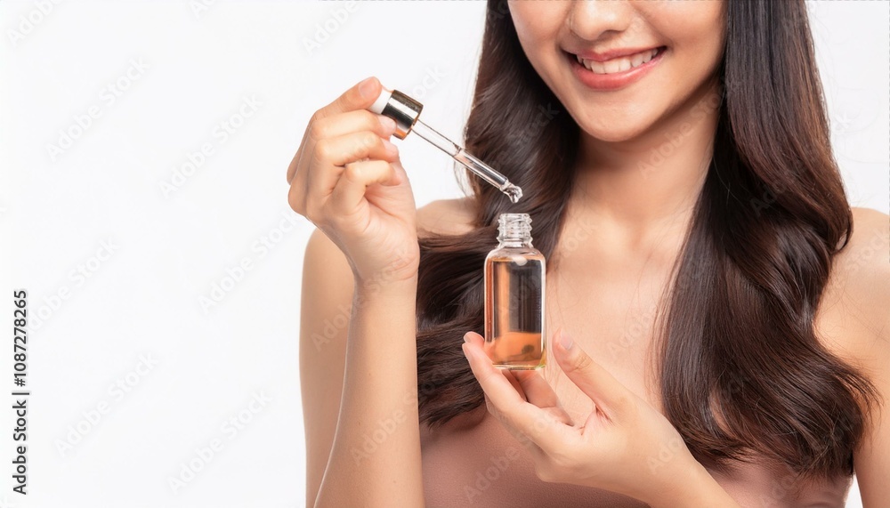 Radiant Skincare Ritual: Close-up of a smiling young woman applying serum to her face, showcasing healthy, glowing skin and a luxurious skincare routine. Radiant Skincare Ritual: Close-up of a smiling young woman applying serum to her face, showcasing healthy, glowing skin and a luxurious skincare routine.