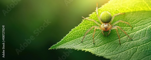 Small Spider on Leaf Edge with Soft Light Closeup of spider on leaf, fine details highlighted in soft, gentle lighting photo