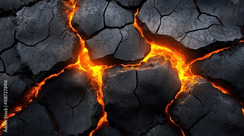 Molten lava flowing through cracked earth, glowing with intense heat.