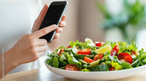 Woman Holding Smartphone Over Fresh Salad