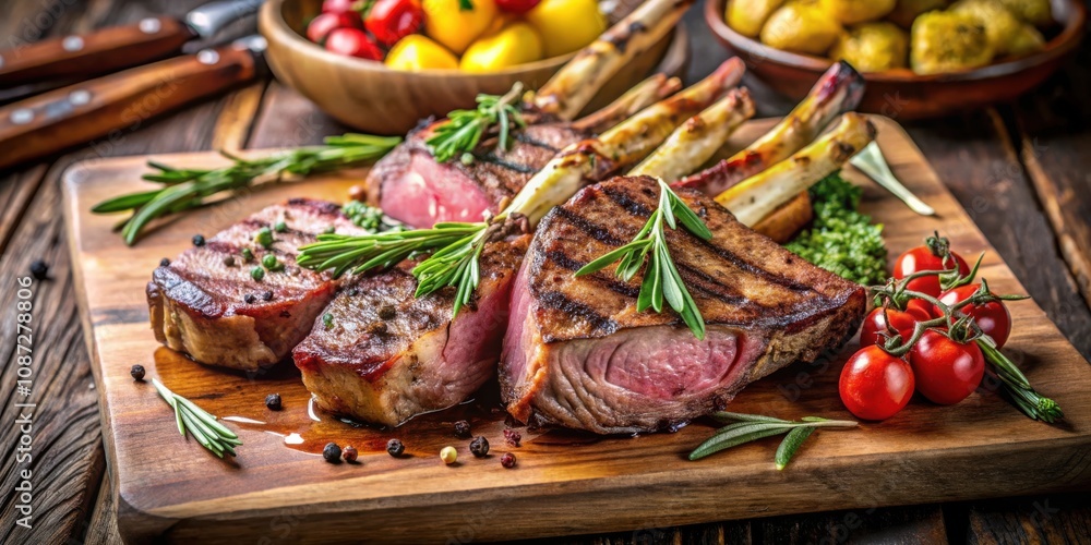 Fototapeta premium Grilled Lamb Chops with Rosemary and Cherry Tomatoes on a Wooden Cutting Board