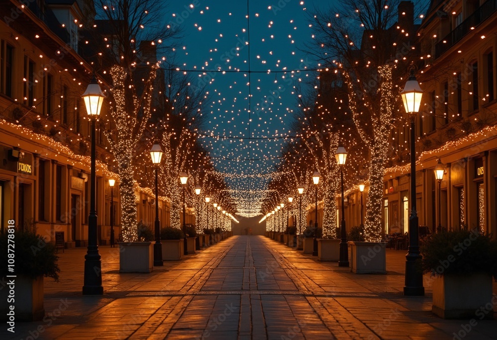 Beautifully lit street adorned with festive lights, creating warm and inviting atmosphere during holiday season Beautifully lit street adorned with festive lights, creating warm and inviting atmosphere during holiday season