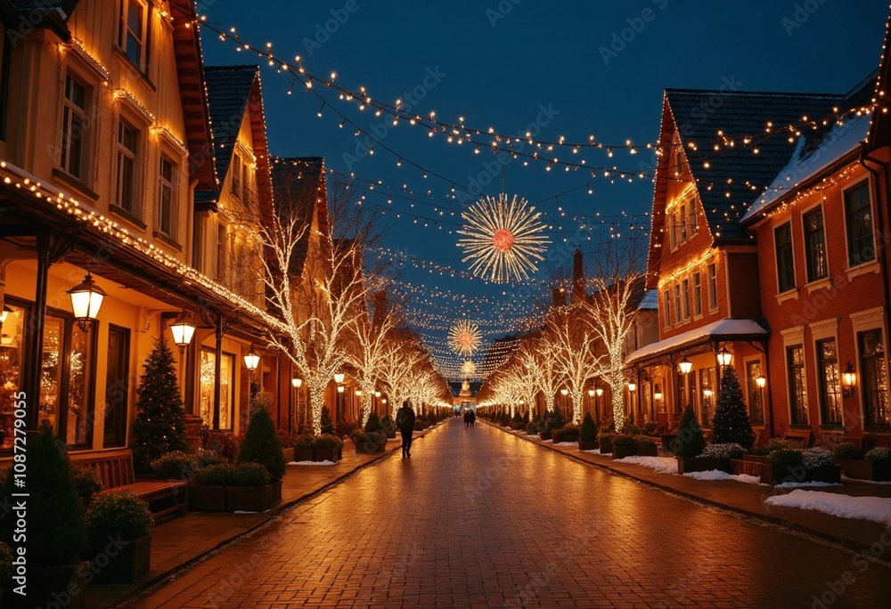 Naklejka premium Beautifully lit street adorned with festive lights, creating warm and inviting atmosphere during holiday season