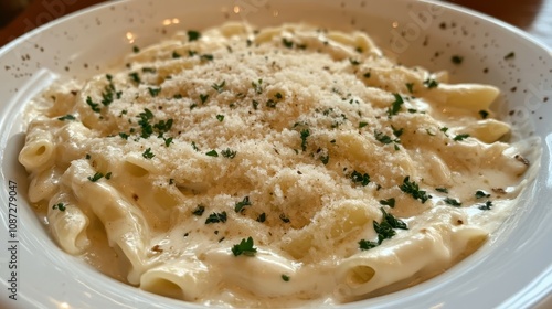 Creamy Alfredo Pasta Dish Sprinkled with Parmesan Cheese and Garnished with Fresh Herbs Served in a White Bowl on a Wooden Table