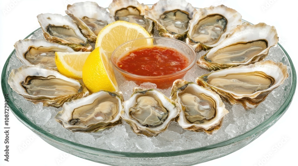 Fresh Oysters on Ice Garnished with Lemon Wedges and Accompanied by Spicy Sauce for a Delightful Seafood Experience – Perfect for Culinary Creations and Gourmet Presentations Fresh Oysters on Ice Garnished with Lemon Wedges and Accompanied by Spicy Sauce for a Delightful Seafood Experience – Perfect for Culinary Creations and Gourmet Presentations