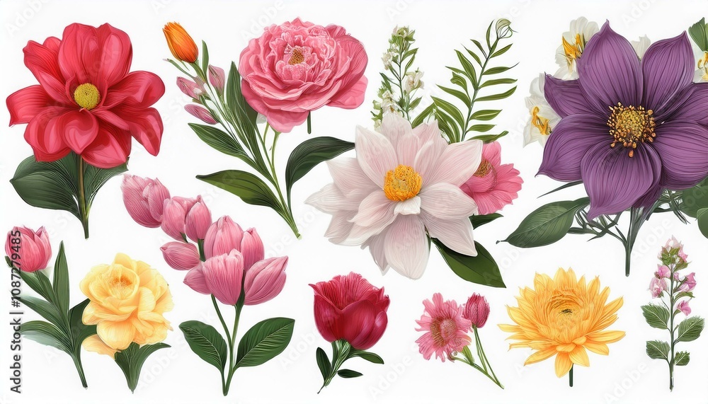 Set of different beautiful flowers on white background. Banner design Set of different beautiful flowers on white background. Banner design