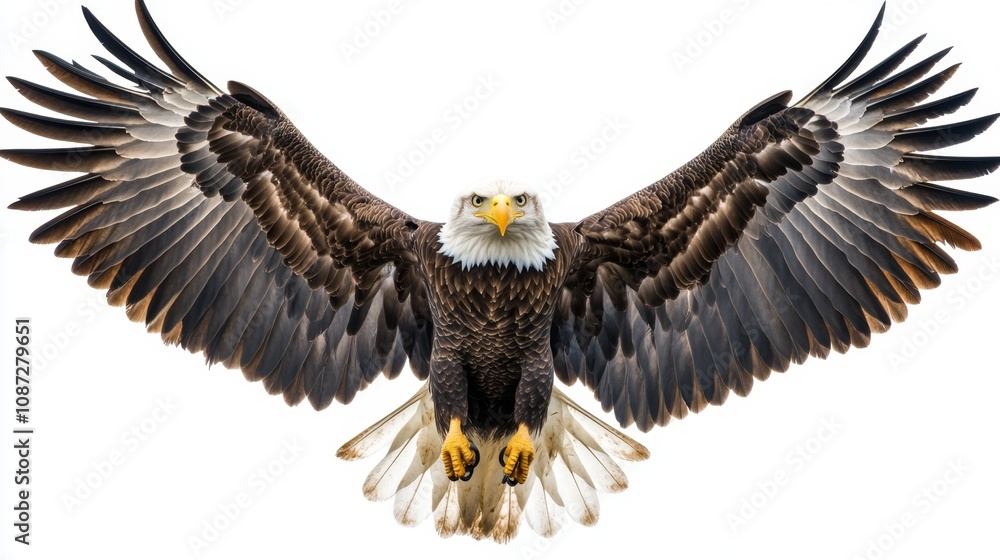 Obraz premium Majestic Bald Eagle in Flight with Wings Extended Wide, Capturing the Essence of Freedom and Grace in a Stunning Display of Nature's Beauty