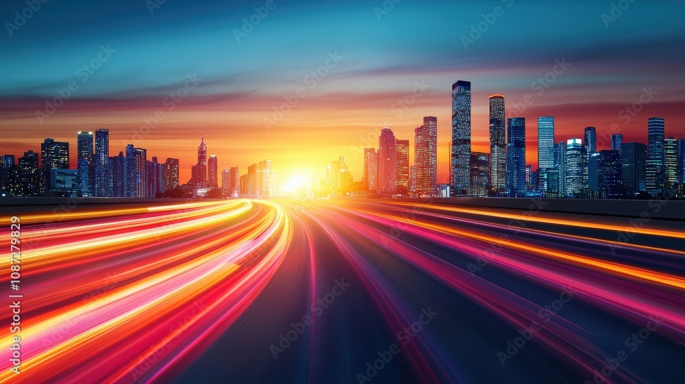 A vibrant sunset illuminates a city skyline, with streaks of light from moving vehicles creating a dynamic urban scene. A vibrant sunset illuminates a city skyline, with streaks of light from moving vehicles creating a dynamic urban scene.