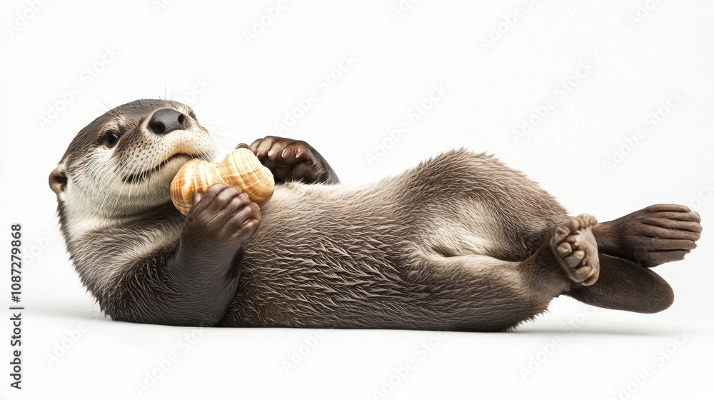 Fototapeta premium Playful Otter Floating on Its Back, Enjoying a Shell, Close-Up Photograph Capturing the Adorable Features and Curious Expression of This Aquatic Mammal