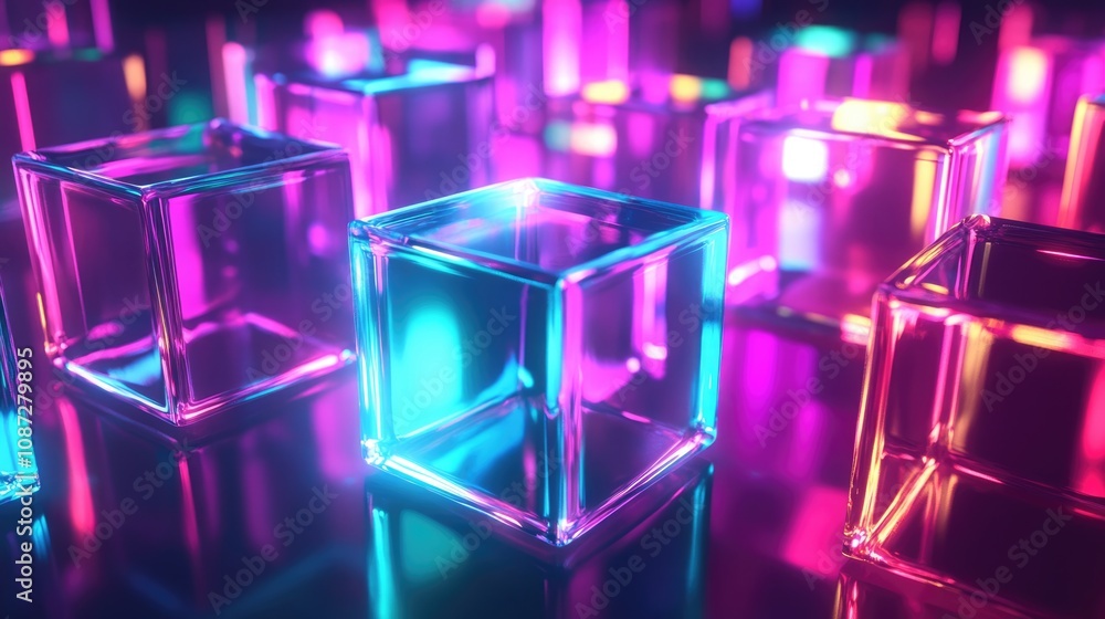 Neon-Lit Glass Cubes Abstract Background Neon-Lit Glass Cubes Abstract Background