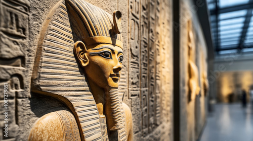 Wallpaper Mural Close-up of an ancient Egyptian pharaoh relief sculpture in a museum setting, featuring hieroglyphs on stone walls and a blurred background of art displays in a well-lit gallery. Torontodigital.ca