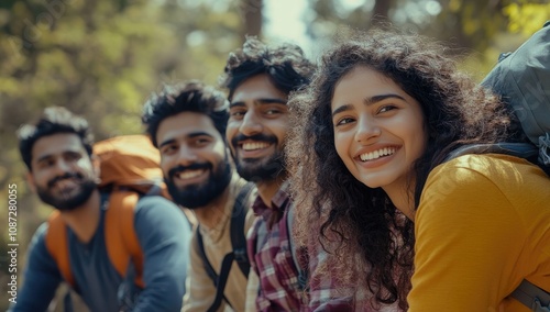 A group of four happy young Indian friends, two men and one woman, each wearing backpacks, posing for the camera in an outdoor forest setting.