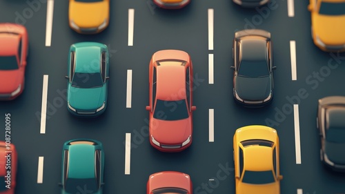 Aerial view of colorful cars arranged in lanes on a road, showcasing traffic patterns and vehicle diversity.