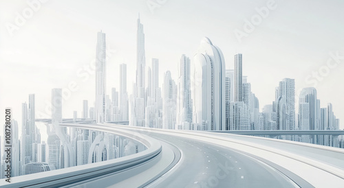 An elevated highway winds through a pristine, white futuristic city