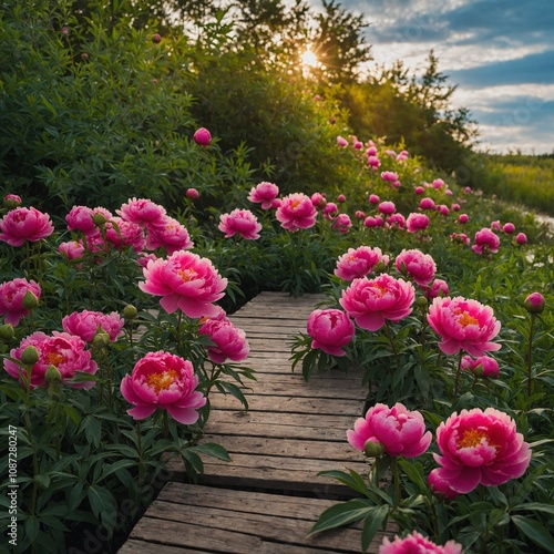 Vibrant peonies growing along a wooden boardwalk.